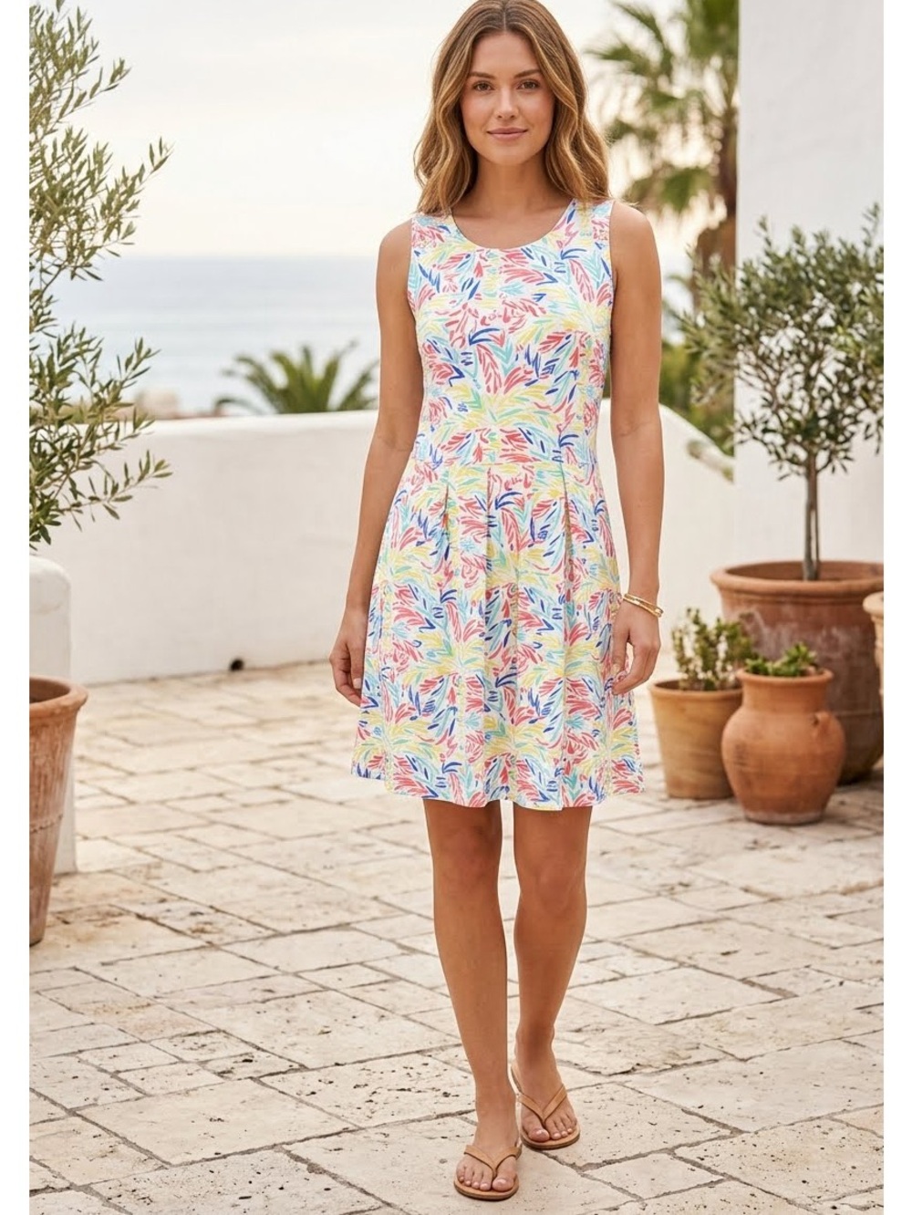 Lulu-B Sleeveless Dress White Multi Size XS Sun Safe Travel Ready Resort Casual